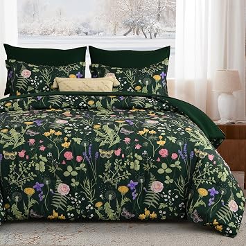 Yiran Queen Comforter Set 7 Piece, Dark Green Floral Bedding Set, Bed in a Bag Queen with Botanical Flowers Patterns, Soft Lightweight Complete Comforters with Sheets for All Season