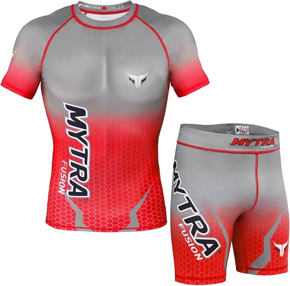 Mytra Fusion Fitness Chothing Set Rash Guard Tudo Shorts Compression Suit Red Grey