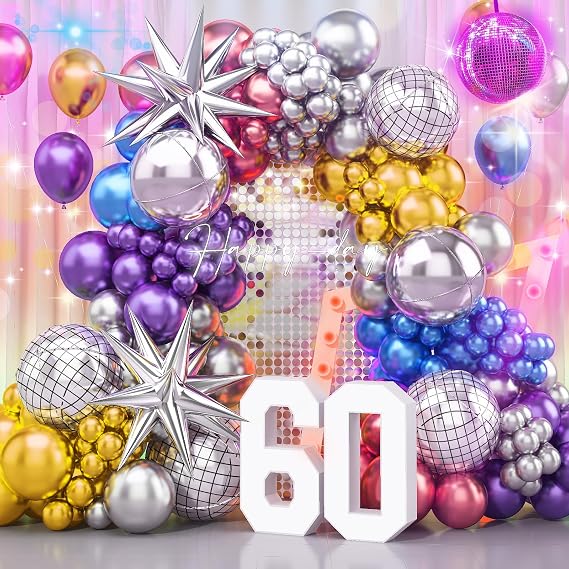 141Pcs Metallic Balloon garland arch kit Disco Dance Party decorations with Chrome Blue Red Purple Silver Disco ball balloons for 80s 90s Themed Birthday Anniversary Party 2026 new year Party