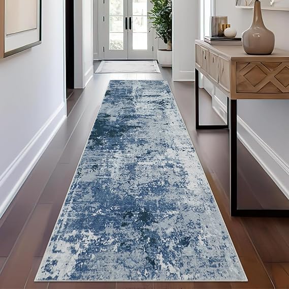 Cekene Carpet Runners for Hallways Non-slip Long Blue 65x240cm Washable Kitchen Rug Distressed Hallway Runner Mat Thin Low Pile Floor Carpet for Entrance Bathroom Laundry Bedroom