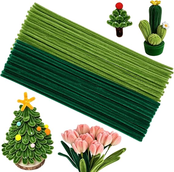 200 Pcs Green Pipe Cleaners, Chenille Stems Fuzzy Sticks, Thick Green Pipe Cleaners Craft Bulk for Making Flowers Animals Arts Craft Home DIY Mother's Day Decorations Creative School Projects