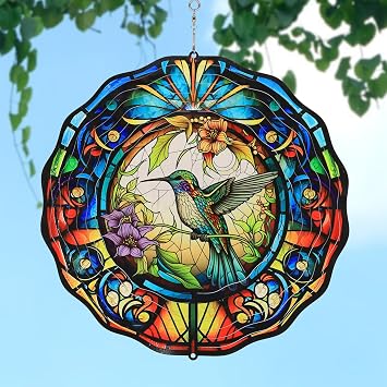 Wind Spinner - Durable Stainless Steel Hanging Wind Spinners - Indoor/Outdoor Hanging Decor - 12 Inch Wind Sculptures & Spinners for Gardens and PatiosHummingbird