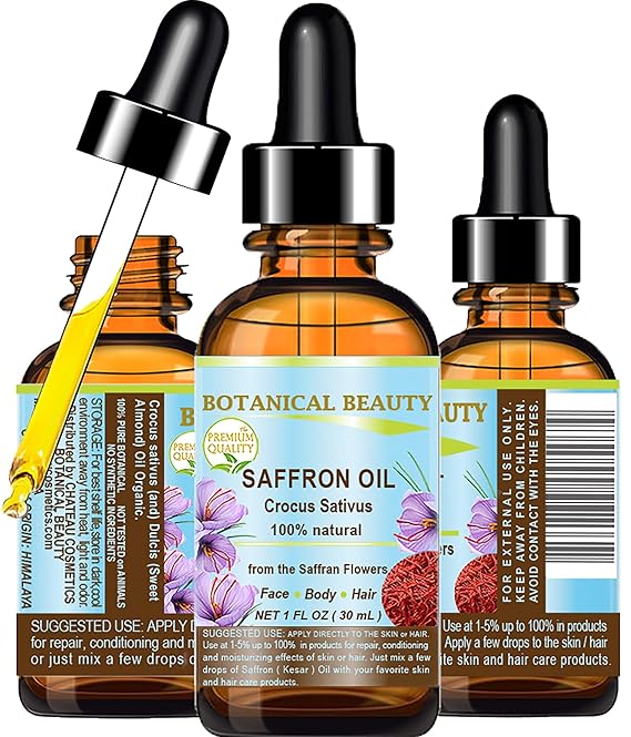 Botanical Beauty SAFFRON OIL (KESAR) Crocus Sativus 100% Natural for Face, Skin, Body, Hair, Nail Care 1 Fl. oz.- 30 ml Beauty Oil