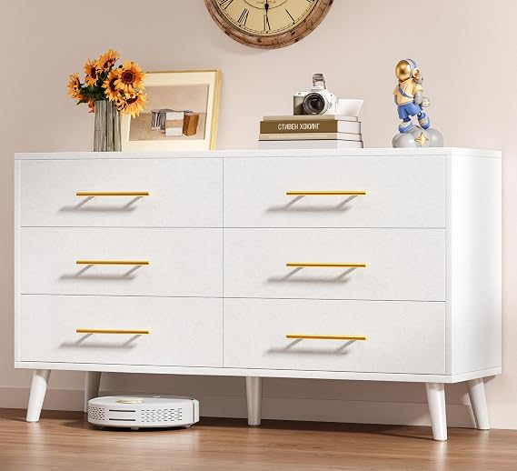Aiho 6 Drawer Dresser for Bedroom, Wood Chest with Metal Handles, White | Chest of Drawers with Silent Gliding Slides & Metal Handles, Wood Storage Chest for Nursery, Living Room, Entryway