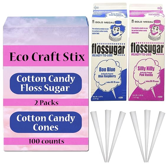 Eco Craft Stix Floss Sugar 2 Pack with 100 Cotton Candy Cones