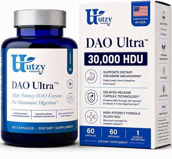 Utzy Naturals DAO Ultra Diamine Oxidase Enzyme Supplement, 30,000 HDU - Histamine Intolerance & Food Sensitivity Support, Delayed-Release DRcaps, Third-Party Tested - 60 Capsules