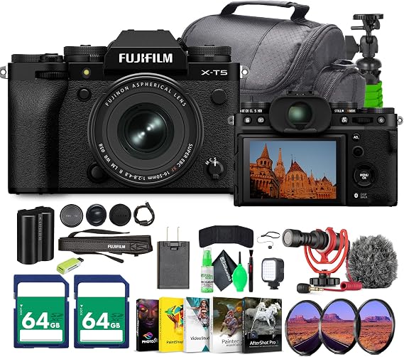 Fujifilm X-T5 Professional Compact Digital Mirrorless Camera with XF 16-50mm f/2.8-4.8 Lens Kit Bundle 2X 64GB Memory Card+ Vlogging Tripod+ Video LED Light + Rode on Camara Microphone + More (Black)