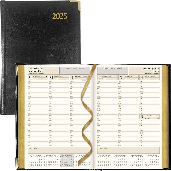 Brownline 2025 Executive Weekly Planner, Appointment Book, 12 Months, January to December, Sewn Binding, 8.187" x 5.625", Black, Trilingual (CBE507-25)