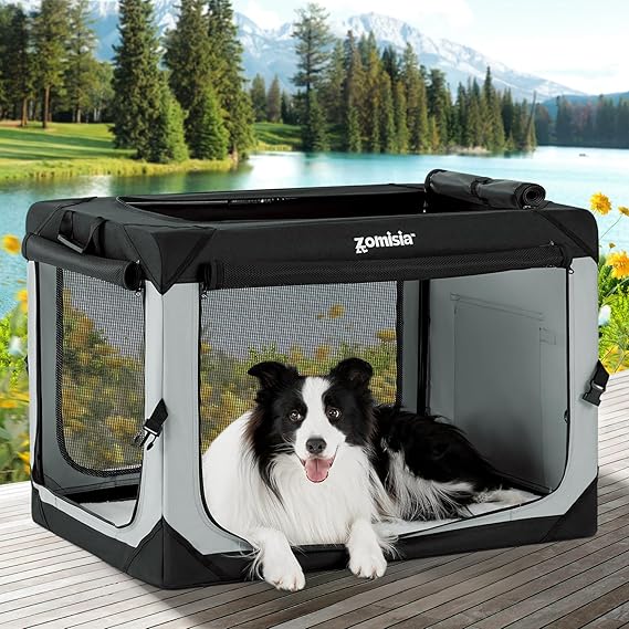 ZOMISIA 36 Inch Collapsible Dog Crate for Large Dogs, Travel Dog Crate Grey | Portable Dog Crate Soft Sided, Easy Fold & Setup Kennel, Indoor & Outdoor, Breathable Mesh Windows, Built-in Leash, Plush Pad