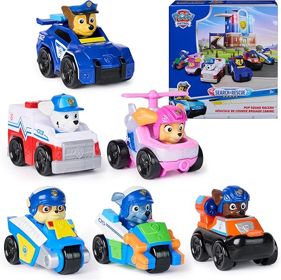 Paw Patrol Search & Rescue, Pup Squad Racers 6-Pack, 2.5-Inch Racers | Collectible Vehicle Gift Set, Mini Toy Cars, Chase, Marshall, Skye, Rubble, Rocky, Zuma, Kids Toys for Boys & Girls Ages 3+