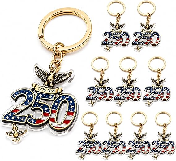 LOGOFUN 10PCS 250th Anniversary Medal Acrylic Patriotic Keyrings Set | 2D Acrylic Commemorative Keyrings Decorate Keys, Bags, Party Favor Packs, Festival Tables, And Patriotic Event Displays