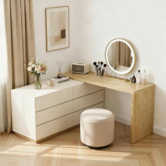 Extendable Vanity Desk with Drawers - Wooden Dressing Table | L-Shaped, 6 Drawers, Home Office Desk with Storage, Bedroom or Study Room, Girls and Adults