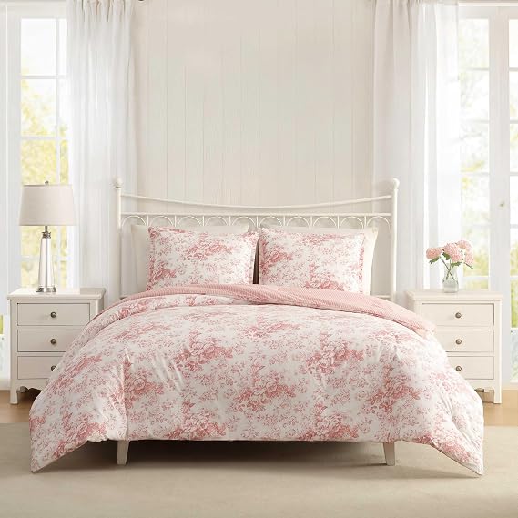 Laura Ashley - Twin Comforter Set, Soft & Reversible Cotton Bedding with a Lightweight Feel for Year Round Comfort, 2 Piece Bed Set with Matching Pillowcase (Toile Delight Pink)