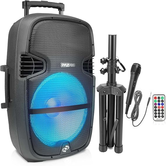 Pyle Portable Bluetooth PA Speaker System - 1000W Outdoor Speaker with 15" Subwoofer, USB/SD Reader, FM Radio, LED Lights, Wheels, Remote Control, Tripod, Microphone Input