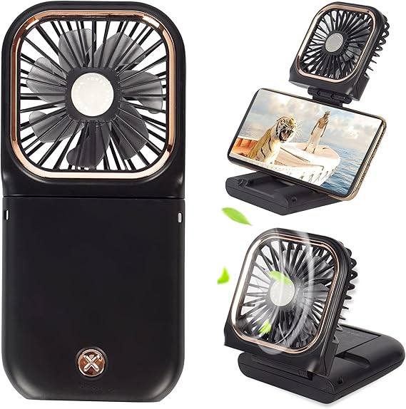 Portable Mini Fan - 5 in 1 with Power Bank, Phone Holder, Handheld & Desk Fan - USB Rechargeable, 3000 mAh Power Bank, 3 Speed Adjustable, Neck Lanyard - Black