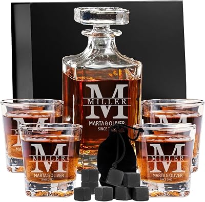 Personalized Whiskey Decanter Set - Custom Liquor Decanter and 4 Glasses Gift Set - Engraved Whiskey Decanter Sets for Men, Anniversary Wedding Birthday Gifts for Father Husband Design 5