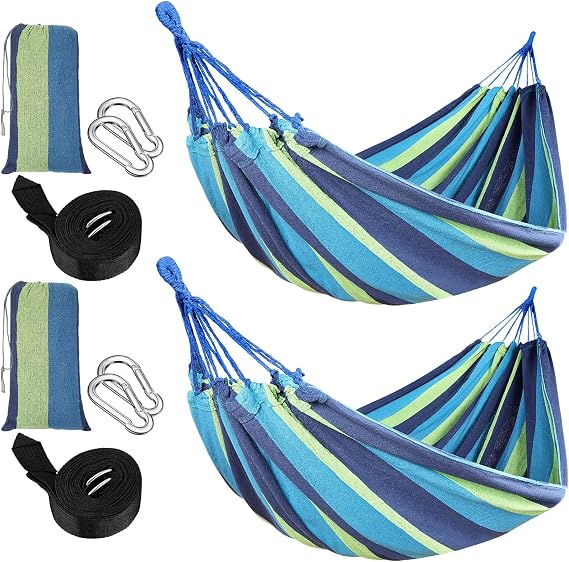 Windyun 2 Sets Cotton Canvas Hammock Large Double Hammock 400lbs Portable Camping Hammocks for Outside with Carrying Bag Sturdy Metal Knot Ropes and Tree Straps for Travel Patio Garden Backyard (Blue)