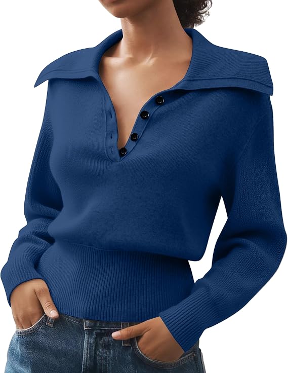 MISSACTIVER Womens Lapel Collar Polo Sweater Long Sleeve Slim Fit Knit Pullover V-Neck Button Down Ribbed Cropped Fall Top