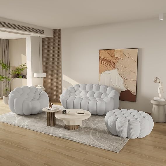 3 Sets Sofa Couch, 79.5 Inch Sponge Loveseat Sofa with 48.4" Small Couch and 42.5" Ottoman, Mid Century Modern Floor Couches with Ottomans for Living Room,Bedroom,Office,Apartment, Light Grey
