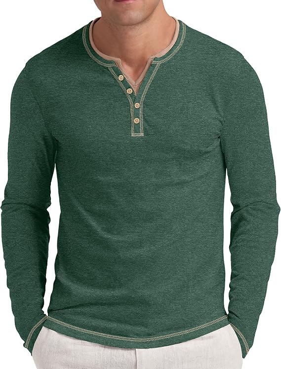 Aimeilgot Mens Henley Long Sleeve Shirts Front Placket Casual T-Shirts Washed Soft Classic Tee
