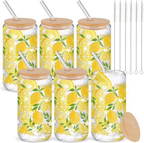 6 Sets 16 oz Lemon Cups Glass Cup with Lids and Straws Party Supplies Reusable Tumbler Gifts for Themed Party Supplies