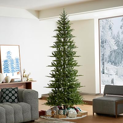 Glitzhome 9ft Prelit Christmas Tree, Cascade Evergreen Slim Fir Artificial Christmas Tree with 500 Strawberry Lights,1468 PE&PVC Branch Tips, 9 Functional Warm WhiteMulti-Color, Remote Controller