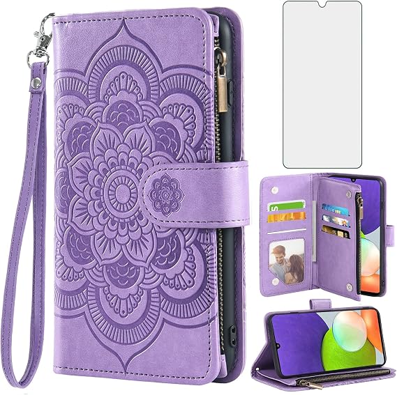 Asuwish Phone Case for Samsung Galaxy A22 4G 6.4 inch Wallet Cover with Tempered Glass Screen Protector and Flip Credit Card Holder Stand Cell Gaxaly M32 M22 F22 Galaxies A 22 22A G4 Women Men Purple