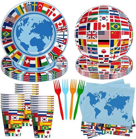 APOWBLS International World Flags Decorations Tableware - Olympic Decorations Party Supplies, Paper Plate, Cup, Napkin, Fork, Travel Trip Around the World Globe Retirement Supplies | Serve 24
