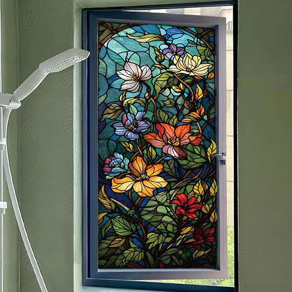 Stained Glass Window Film,Window Privacy Film Privacy Decorative Tinting Film for Home Frosted Bathroom Window Coverings Static Cling Non-Adhesive 17.5" x 39.5" (BH155)