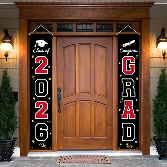 2026 Graduation Banner Decorations - Porch Sign Set Red White Black Welcome Door Decor Party Favors Supplies For Indoor Outdoor