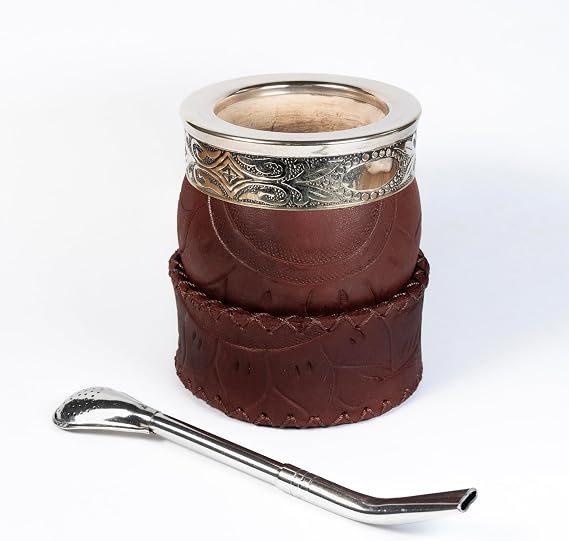 Generic Yerba Mate Gourd with Stainless Steel Bombilla - Handmade Pumpkin Mate Gourd, Yerba Mate Set, Argentina, Leather Base, Large, Brown
