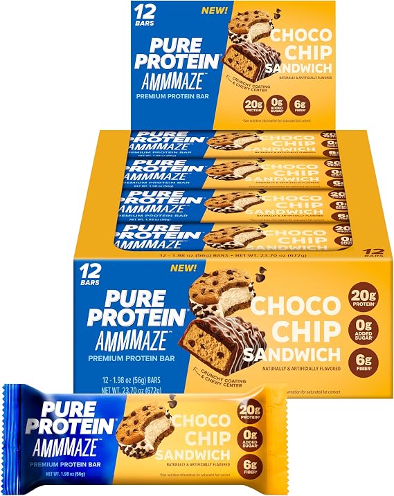 Pure Protein AMMMAZE Choco Chip Sandwich Protein Bars, 20g Protein, 12 Ct | 5g Net Carbs, No Added Sugar, High Protein Snack, Meal Replacement Bar for On-the-Go