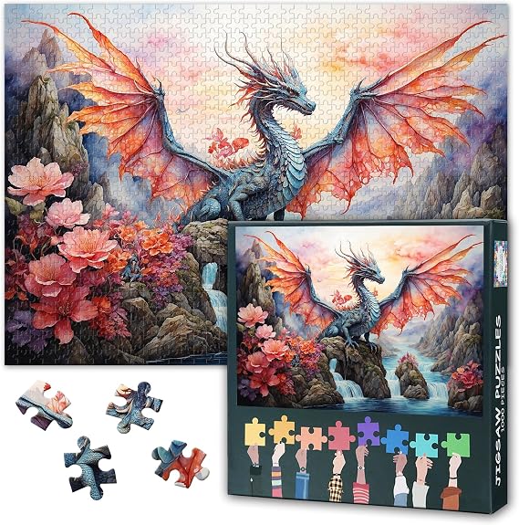Dragon Jigsaw Puzzles for Adults 1000 Pieces, Winged Dragon Puzzle Back No Dust, Pink Landscape Home Decor Birthday Party Challenging Puzzles for Cognitive Workout 27.5" x 19.6"