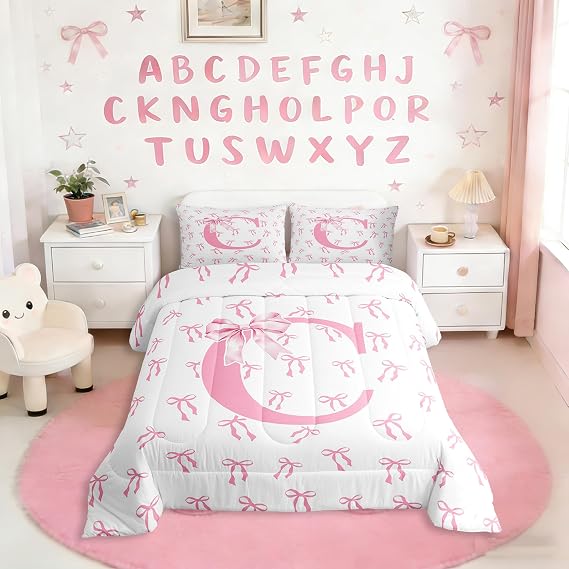 Erosebridal Pink Initial C Princess Comforter Set Twin Kawaii Watercolor Bowknot Bedding Set Romantic Ribbon Letter Bow Down Comforter Initial A-Z Bow Tie Aesthetic Duvet Insert