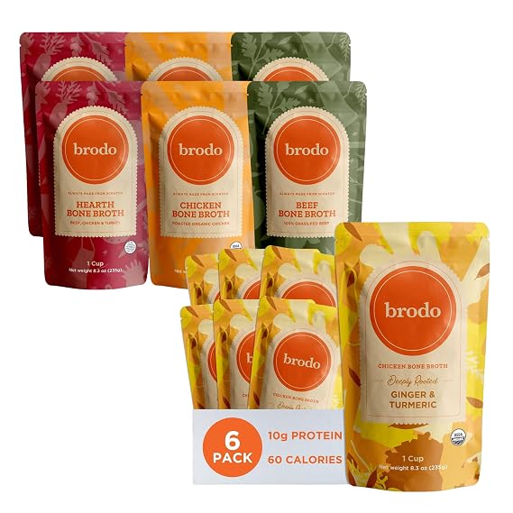 Brodo Collagen Rich Bone Broth Favorites Variety Pack + Deeply Rooted Organic Chicken Bone Broth with Turmeric & Ginger, Collagen & Protein-Rich (12 x 8oz Pouches)