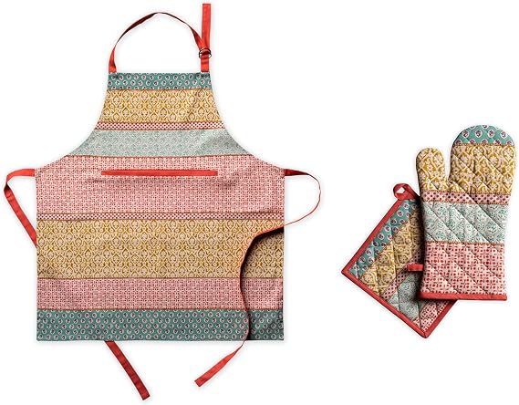 Maison d' Hermine Provence Bundle Set 100% Cotton Apron (27.50 Inch by 31.50 Inch) and Oven Mitt (7.5 Inch by 13 Inch)/Pot Holder (8 Inch by 8 Inch)