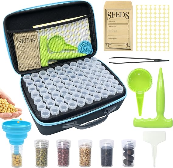 Seed Storage Organizer, 140 Slots Seed Storage Box with 20 Envelopes | Waterproof EVA Seed Storage with 20 Envelopes,Tweezers,Funnel & Clear Bottles (0.9"Dia1.85"H)for Vegetable & Flower Seeds