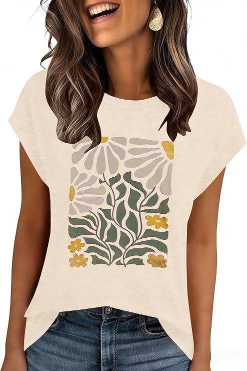 AKEWEI Womens Vintage Flower Print T Shirt Funny Cute Animal Graphic Tees Tops Loose Casual Outdoor Shirt