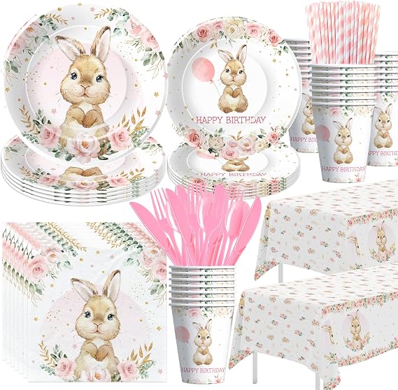 APOWBLS Bunny Birthday Decorations, Rabbit Bunny Party Supplies, Serves 24 | Disposable Paper Plate, Cup, Napkin, Tablecloth, Cutlery, Bunny Party Decorations for Easter 1st 2nd Birthday