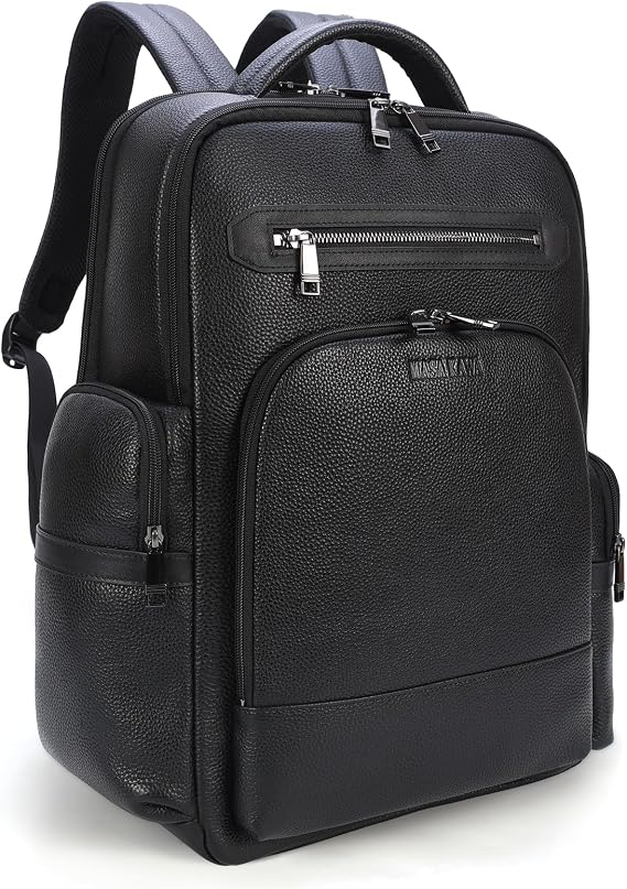 Masa Kawa Leather Business Travel 15.6 Laptop Backpack for Men Work, Black | Water Bottle Holder, Luggage Strap, TSA Aprroved Computer Compartment, Office Commuting Executive Bag Waterproof Daypack
