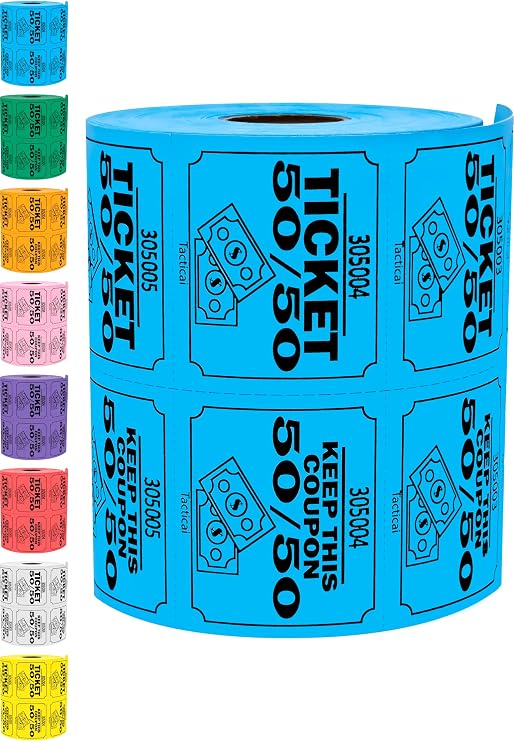 Tacticai 500 Raffle Tickets, 50/50, Blue (1 of 8 Colors), Double Roll, Large Ticket for Events, Entry, Class Reward, Fundraiser & Prizes