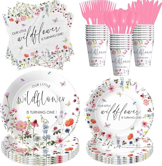 APOWBLS First Birthday Decorations Girl, Floral 1st Birthday Party Supplies, Plate, Cup, Napkin, Cutlery, Flower Theme Our Little Wildflower is Turning One Decorations | Serve 24