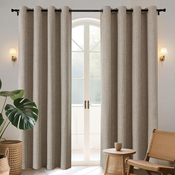Joydeco 100% Blackout Lined Curtains W66 x L90 Inch Drop, Faux Linen Textured Thermal Insulated Eyelet Curtains with Coating Back Layer for Light Blocking Noise Reduction, Linen Colour - 2 Panels