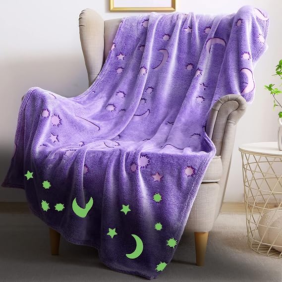 Glow in The Dark Blanket for Girls Birthday Purple Pink Moon Star Soft Throw Blanket for Kids Toddler Teen Girls Women (Purple, 60x80 inch, Moon Star)