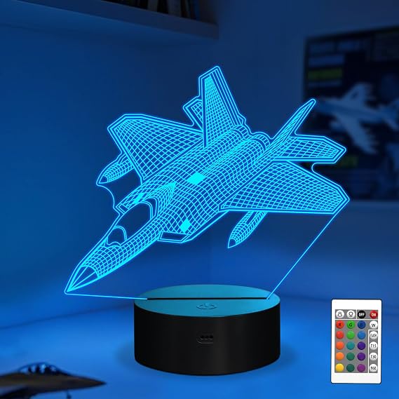 Airplane Night Light, 3D Fighter Jet Lamp with Remote Control &amp; 16 Colors &amp; Timer &amp; Dimmable for Home Desk Decor, Cool Plane Gift for Christmas, Birthday, Graduation, Back to School for Kids Boys [Energy Class G]