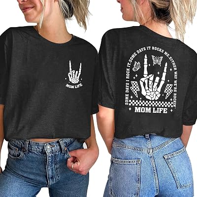 Mama Shirts for Women Mom Shirt Mom Life Crewneck T-Shirts Funny Mama Skeleton Rocker Graphic Tee Summer Pullove Tops