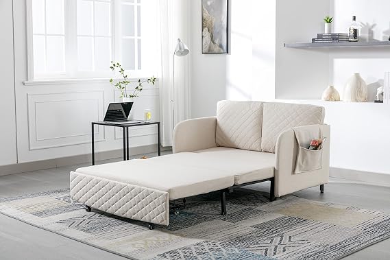 Convertible Sleeper Sofa Bed, Modern Loveseat Couch with Pull Out Bed, Small Love Seat Futon Sofa Bed with 2 Pillows&Side Pockets&Storage for Living Room,sofa cama para habitacion (Beige Linen)