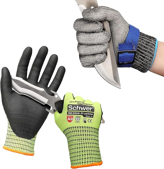 Schwer Highest Level Cut Resistant Gloves for Extreme Protection,Stainless Steel Mesh Metal Glove,ANSI A9 Cutting Gloves for Fishing,Oyster Shucking,Mandoline(M)