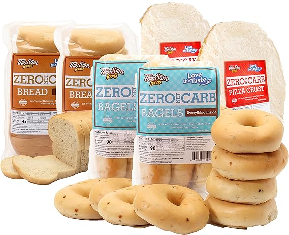 ThinSlim Foods Zero Net Carb Keto Bread | Low Carb Bread | Plain (Pack of 2) + Everything Bagel 6pack (Pack of 2) + Pizza Crust (Pack of 2)