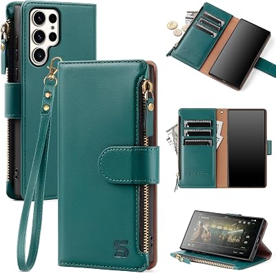 Compatible with Samsung Galaxy S25 Ultra Wallet Case with Card Holder,Women Men RFID Blocking PU Leather Flip Cover Wrist Strap Zipper Credit Card Slots,Phone Case for S25 Ultra,Blue Green